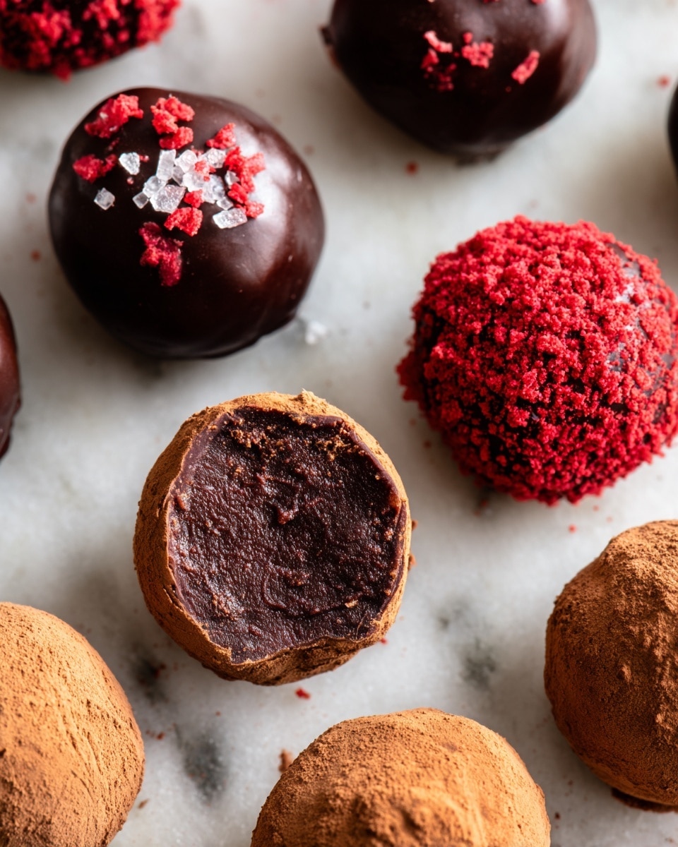 A metal tray lined with white parchment paper holds an assortment of round chocolate truffles, arranged loosely in rows. There are five types of truffles: dark chocolate with small round chocolate sprinkles giving a rough texture; bright red truffles coated with crushed red crumbs; smooth dark chocolate balls sprinkled lightly with sea salt; light brown cocoa powder-coated balls with a matte texture; and truffles coated with crushed nuts, showing a mixed beige and brown rough surface. The tray sits on a white marbled surface, and some crumbs and cocoa powder are scattered around. photo taken with an iphone --ar 4:5 --v 7