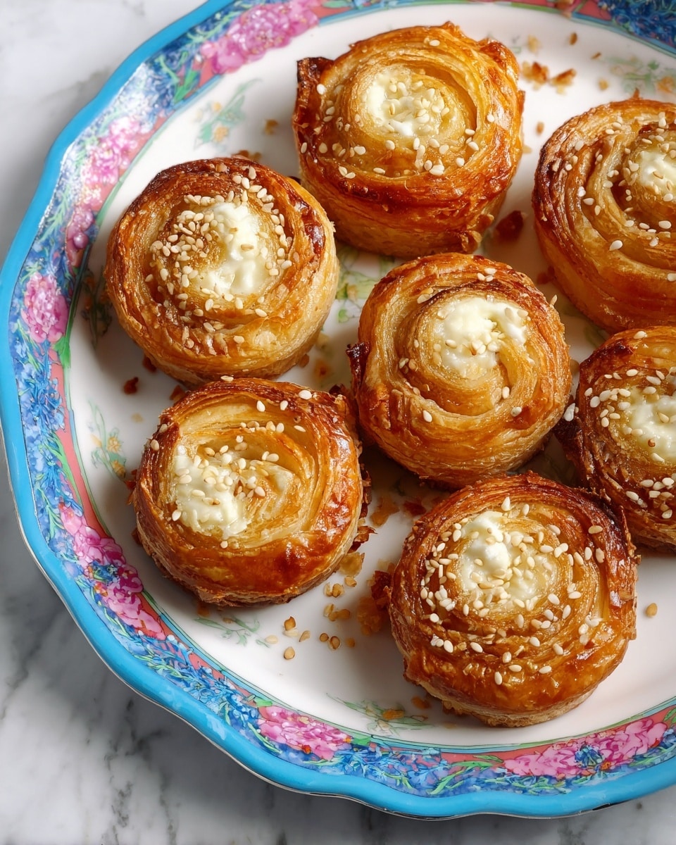 Six round pastries are arranged on a white plate with a colorful blue and floral patterned rim. Each pastry has multiple golden-brown, flaky layers spiraled tightly around a white creamy center. Light brown sesame seeds are sprinkled on top and around the edges of the pastries. The plate rests on a surface with a white marbled texture. The image is brightly lit, showing the crispiness and texture of the pastries clearly. photo taken with an iphone --ar 4:5 --v 7
