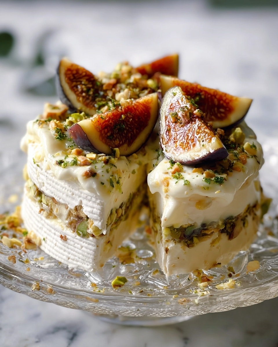 A round three-layered cheese stack sits on a clear glass plate with intricate patterns, placed on a white marbled surface. The bottom layer is a soft cheese with a white rind, topped by a middle creamy layer with bits of green herbs or nuts visible. The top layer is another slice of white rind cheese. On top of the stack is a generous spread of creamy white cheese with a glossy finish, crowned with halved fresh figs that reveal a bright reddish-pink inside and dark purple skin. The dish is sprinkled with finely chopped green herbs and crushed nuts, adding texture and color contrast. photo taken with an iphone --ar 4:5 --v 7