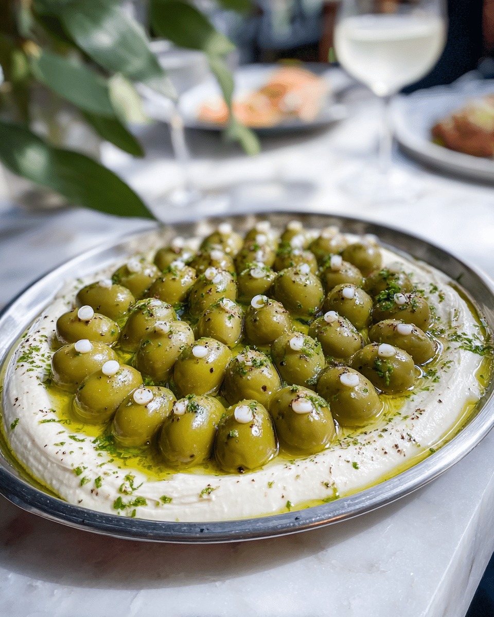 A metal plate holds a dish with two main layers: the bottom layer is a thick, creamy white spread with a smooth texture, forming a large circle covering most of the plate. On top, there are neat rows of green olives, each stuffed with a pale filling, giving a small white dot on top of each olive. The olives are glossy and slightly wet, sitting in a shiny pool of golden olive oil that fills the center of the plate. Small green chopped herbs and a light dusting of black pepper are sprinkled over the olives and creamy base. The plate sits on a white marbled surface, and blurred background elements include green leaves and a white drink glass. photo taken with an iphone --ar 4:5 --v 7