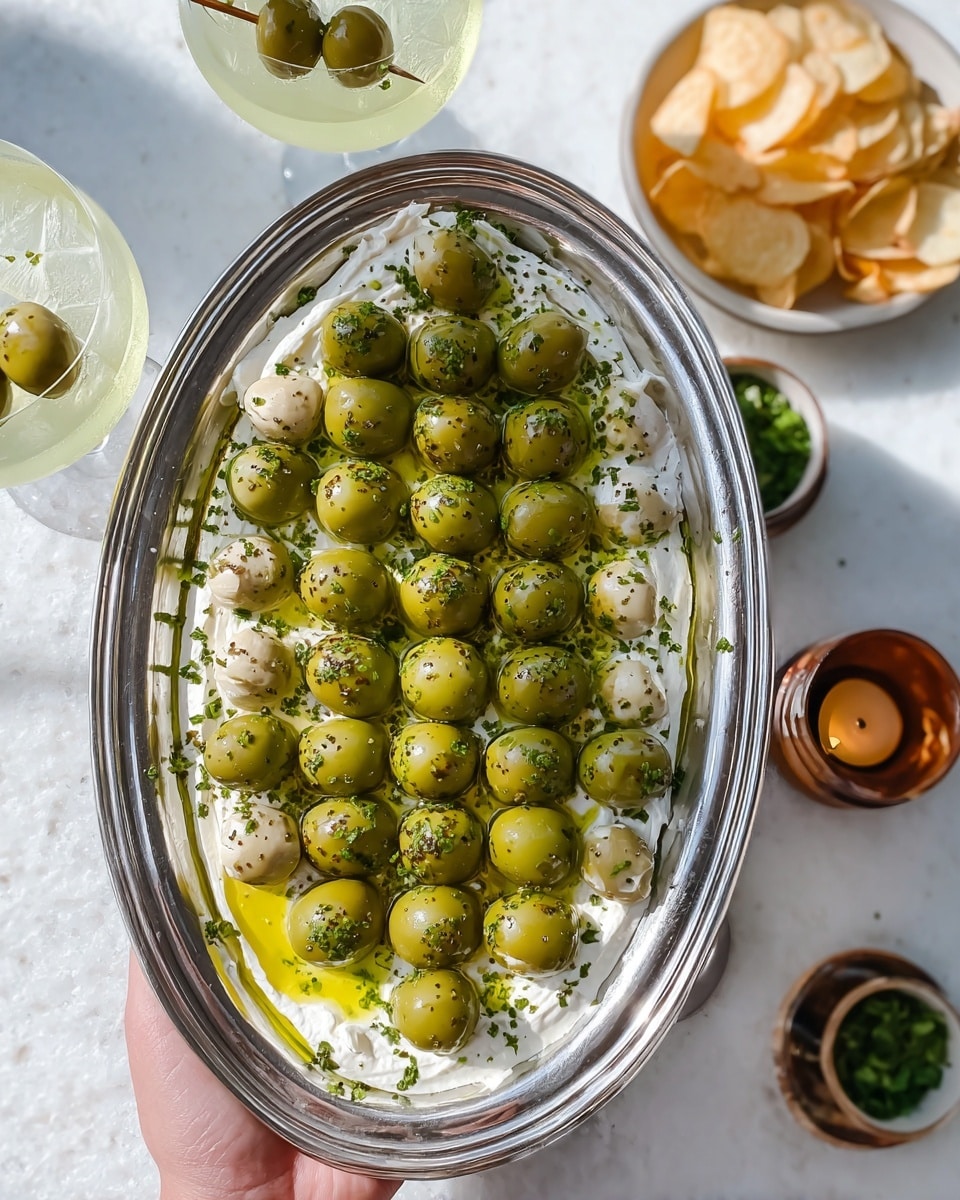A silver oval dish is held by a woman's hand, filled with creamy white cheese spread evenly as the base layer. On top of the cheese, there is a neat grid of green olives stuffed with another creamy filling, covering the whole surface in rows. The olives are shiny and vivid green, with small sprinkles of chopped green herbs and black pepper scattered over the cheese and olives. Around the dish, there is a pool of golden olive oil adding a glossy touch. In the background, there is a white marbled surface with a glass of pale yellow drink garnished with three green olives on a metal skewer, a bowl of pale yellow potato chips, a small glass bowl with chopped herbs, and a brown ceramic candle holder. Photo taken with an iphone --ar 4:5 --v 7