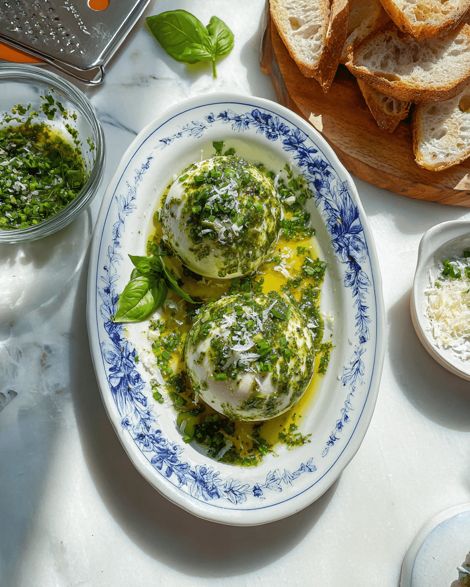 The image shows two round white cheese balls placed side by side in a white oval dish with a blue floral pattern along the edges. Both cheese balls are covered with a green herb sauce that looks oily and fresh. On top of the cheese balls, there are small green chopped herbs and some finely grated white cheese scattered, with a few fresh green basil leaves placed around them. The dish is set on a white marbled surface with natural sunlight casting soft shadows. Nearby, there is a small glass bowl filled with more chopped green herbs, a grater, a small white plate with basil leaves, and slices of toasted bread on a wooden plate. photo taken with an iphone --ar 4:5 --v 7