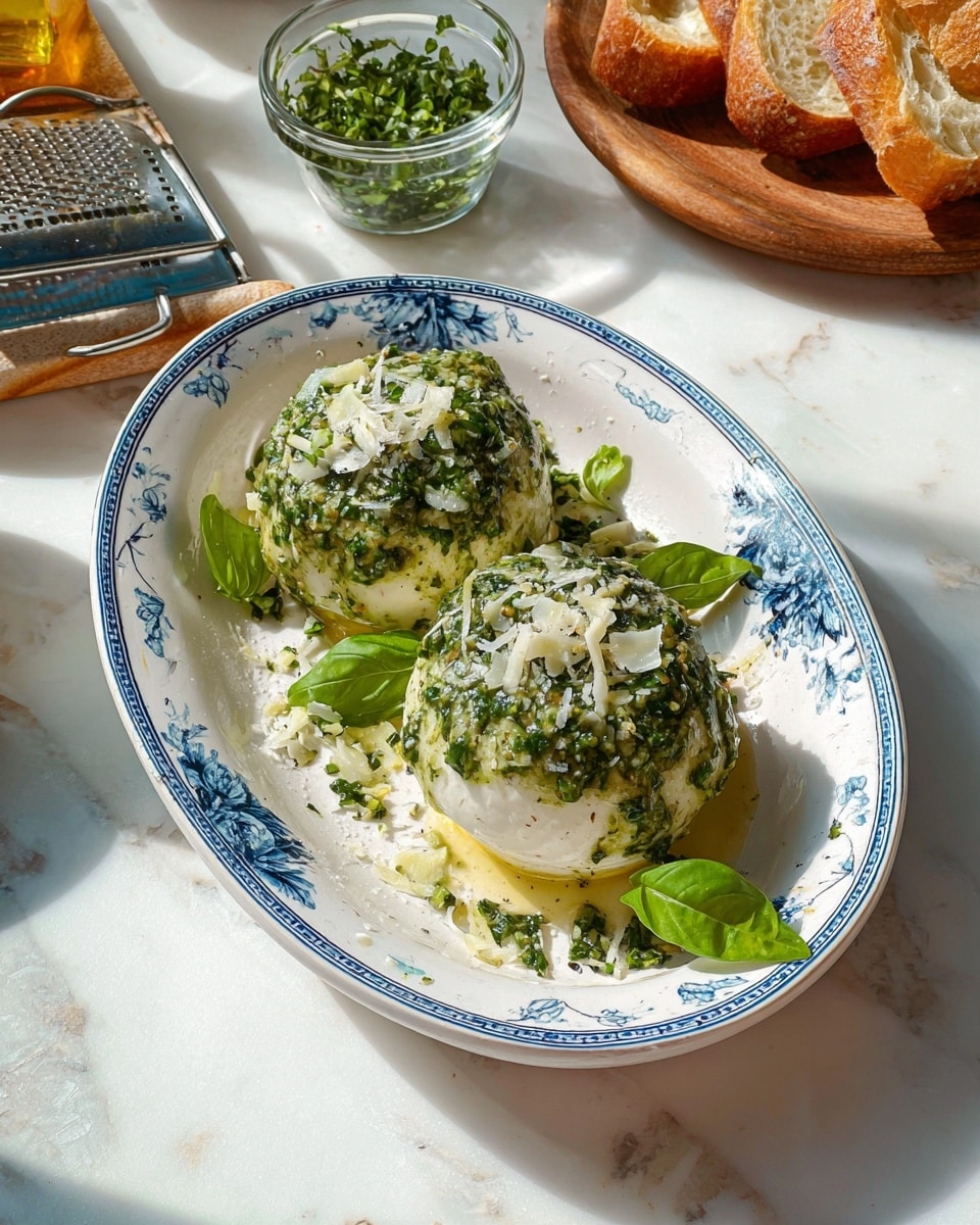 The image shows two round white cheese balls placed side by side in an oval white dish with blue floral patterns around the edges. Each cheese ball is covered with a thick layer of green herb sauce, topped with finely grated white cheese and small green herb pieces. Fresh green basil leaves are scattered on and around the cheese balls, adding a fresh touch. The dish sits on a white marbled surface with natural sunlight casting soft shadows, creating a bright and inviting look. In the background, a glass bowl with chopped green herbs, a wooden plate with toasted bread slices, and a metal grater are visible. photo taken with an iphone --ar 4:5 --v 7