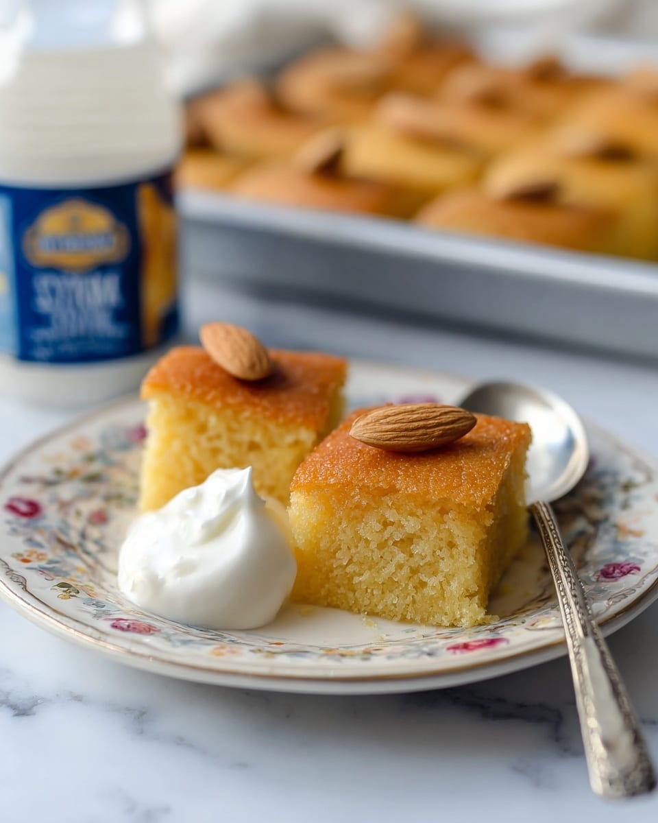 Two small squares of golden brown cake with a light, moist texture are placed on a white plate with a floral pattern. Each square has a single almond on top, and one piece is tilted against the other, showing a soft inside with a slightly crisp top. Next to the cake pieces is a dollop of creamy white topping with a smooth and soft texture. A silver spoon rests beside the topping on the plate. In the blurred background, more cake squares with almonds sit on a tray, and a container of extra creamy skyr yogurt is visible. The scene is set on a white marbled surface. photo taken with an iphone --ar 4:5 --v 7