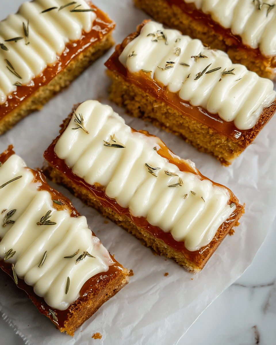 The image shows six rectangular yellow cakes arranged on white parchment paper on a shiny silver tray. Each cake has one layer of moist golden brown base with a slightly crispy edge. On top, there is a layer of smooth, white cream piped in vertical lines covering the entire surface. Tiny green herb flakes are sprinkled over the cream on each cake. The background has a white marbled texture, with a bottle of vanilla extract and a round white dish with breadsticks visible but blurred. Photo taken with an iphone --ar 4:5 --v 7