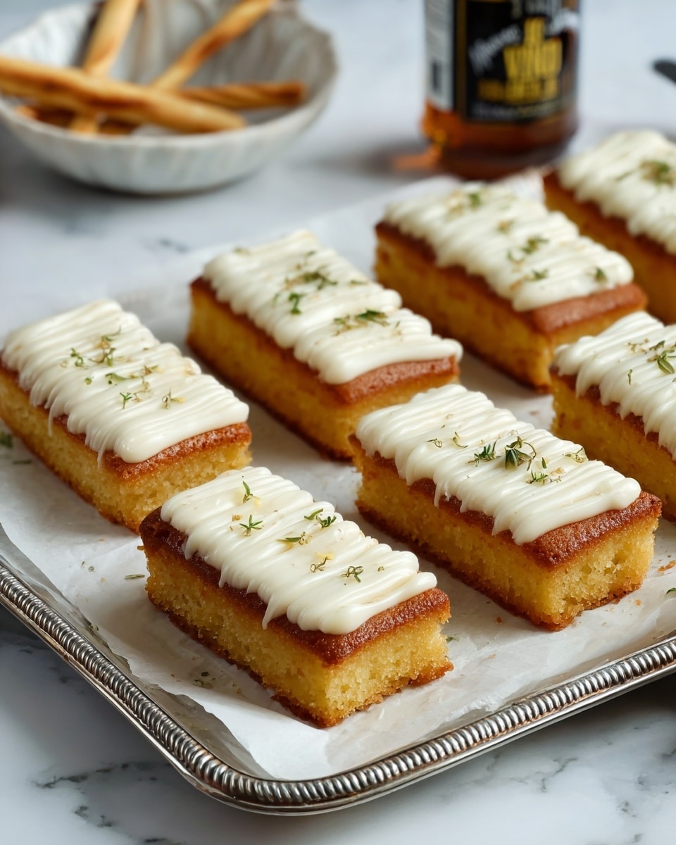 The image shows four rectangular pieces of golden-brown cake arranged on white parchment paper over a white marbled surface. Each cake has a thick bottom layer that looks moist and slightly dense in texture. On top of this base, there is a shiny, amber-colored sticky layer, likely a glaze or syrup. The topmost layer is a smooth, thick ribbon of creamy white frosting, piped in parallel lines across the length of each rectangle. Small green herb sprinkles, probably rosemary, are scattered evenly over the frosting, adding texture and color contrast. The cakes are set close to one another, with some areas showing a slight shine from the glaze. photo taken with an iphone --ar 4:5 --v 7