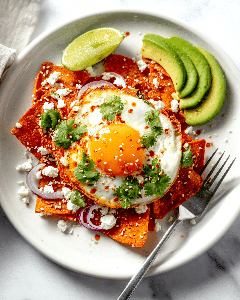 On a white round plate resting on a white marbled surface, there is a dish with three main layers. The bottom layer consists of crispy red tortilla chips unevenly piled, covered with scattered white cheese crumbles. Above this, a bright white fried egg with a shiny, slightly runny golden yellow yolk sits in the center, sprinkled with sesame seeds and small pieces of red chili oil. Thin slices of red onion and green cilantro leaves are placed around and atop the egg. On the side of the plate are three small, overlapping slices of light green avocado, with a lime wedge placed near the top left of the plate. A silver fork rests on the right edge of the plate. Photo taken with an iphone --ar 4:5 --v 7