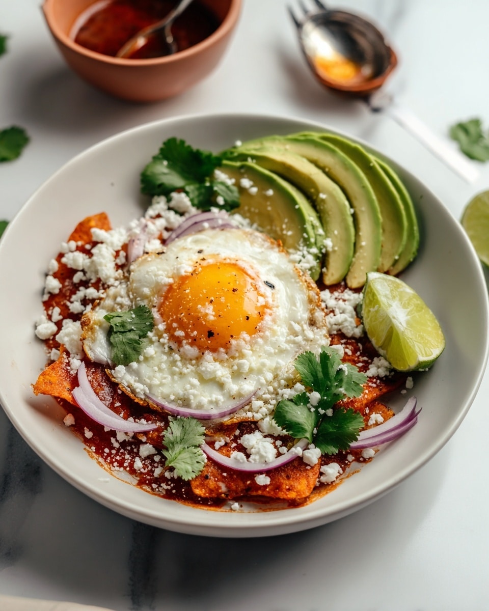 The dish is served in a white bowl placed on a white marbled surface. The bottom layer consists of reddish crispy tortilla chips covered in a rich red sauce. On top of this lies a bright sunny-side-up fried egg with a glossy yolk, sprinkled with white crumbled cheese. Thin slices of red onion and green cilantro leaves are scattered around the egg. To one side, there are three neatly stacked slices of fresh avocado with a smooth pale green color. A wedge of lime sits beside the egg near the upper edge of the bowl. In the background, there is a small bowl with a dark red sauce and a spoon resting inside it. photo taken with an iphone --ar 4:5 --v 7