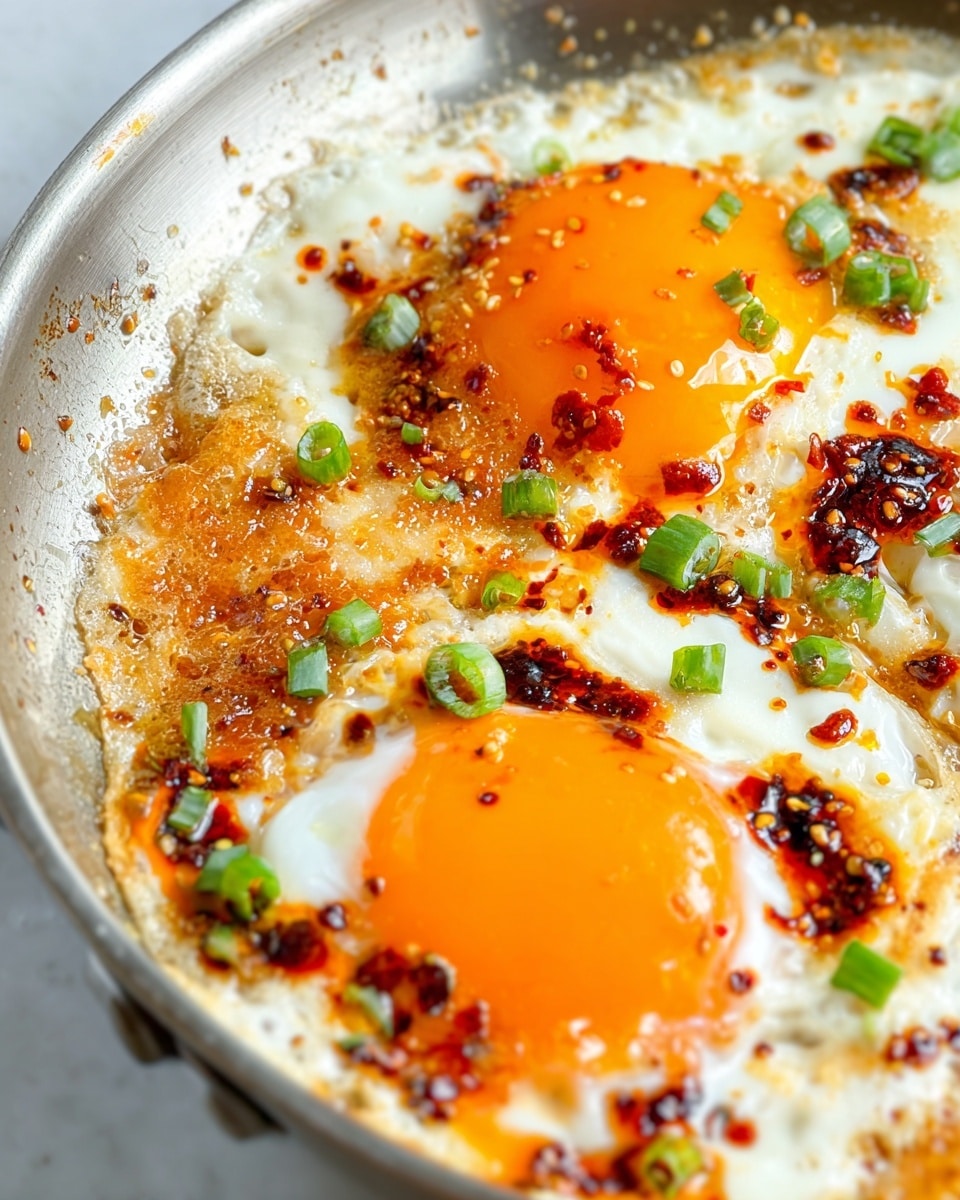 A close-up of two fried eggs in a pan with bright orange yolks and white cooked egg whites forming uneven edges. The eggs are topped with dark red chili oil with chili flakes scattered unevenly over the yolks and whites, adding a glossy texture. Small pieces of green chopped spring onions are sprinkled on top, giving a fresh contrast in color. The pan has a slightly oily surface with some crispy brown bits around the edges of the eggs, all placed on a white marbled background. photo taken with an iphone --ar 4:5 --v 7