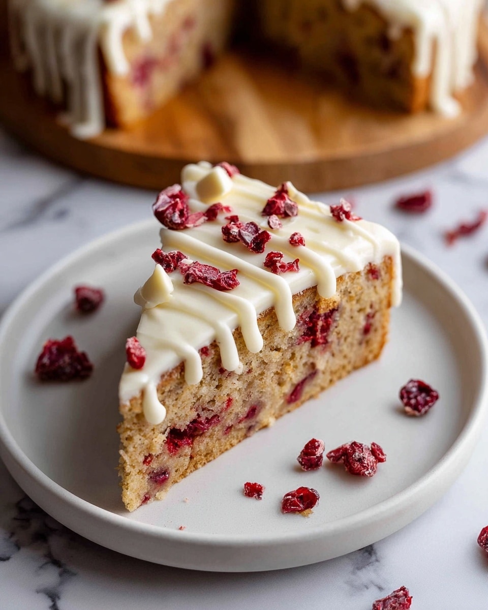 A single triangular slice of cake is placed on a white plate, showing two main layers. The bottom layer is a light brown cake with visible pieces of red fruit mixed inside, giving it a speckled texture. The top layer is a smooth, creamy white frosting that covers the cake evenly. On top of the frosting, white icing is drizzled in thin lines, along with scattered dried red berries and small white chocolate pieces that add texture and color contrast. Around the plate, a few dried red berries are placed on a white marbled surface with a wooden board beneath the plate. In the background, more of the cake is slightly out of focus. photo taken with an iphone --ar 4:5 --v 7