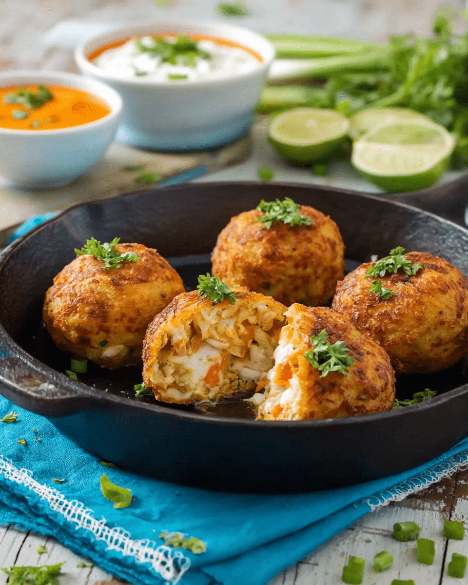 The image shows a black cast iron pan with four round golden-brown fried balls, each topped with small green parsley leaves. One ball in the front is cut open to show a creamy, white filling with orange and green bits inside, indicating vegetables mixed in. The pan sits on a blue cloth with white stitching placed on a wooden table with a few green onion pieces scattered around. In the background, there are two white bowls, one with an orange sauce and the other with a white creamy sauce, each garnished with parsley. A bunch of green stalks and lime halves are blurred in the back, all set on a white marbled texture. photo taken with an iphone --ar 4:5 --v 7