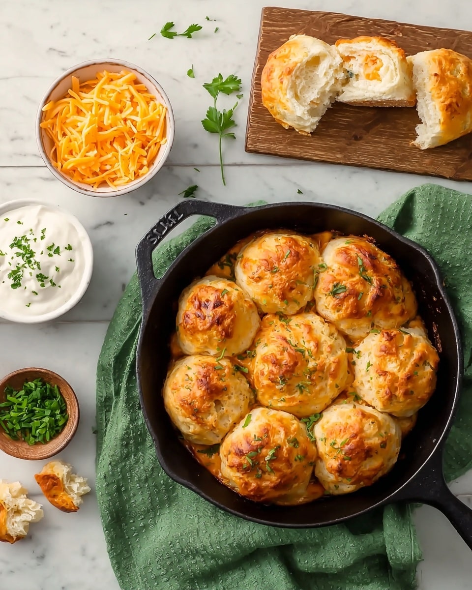 A black cast iron skillet holds eleven golden-brown biscuit balls with slightly crisp tops, arranged close together in a circle with some orange creamy sauce visible between them and a few small green herb pieces sprinkled on top. To the left, a small white bowl filled with shredded orange cheese sits below a white bowl with a creamy white sauce topped with chopped green herbs. Above these bowls, a wooden board displays two biscuit halves, one with a visible fluffy white and orange filling, small green herb pieces are scattered around. Everything is placed on a white marbled surface with a green cloth under the skillet. photo taken with an iphone --ar 4:5 --v 7