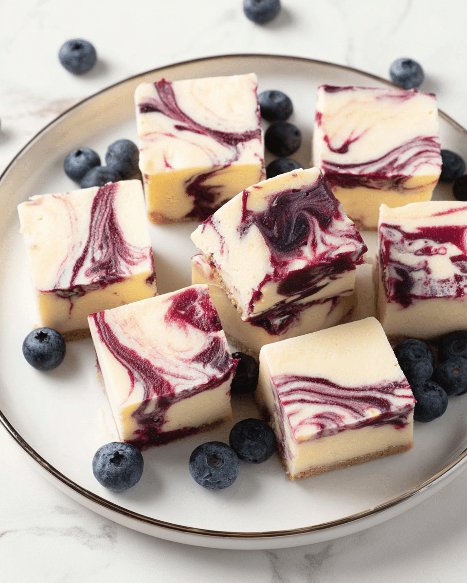 The image shows a white plate with a dark thin border, holding several square pieces of a creamy white dessert with purple and dark red swirls throughout each piece. The dessert has a smooth texture with vibrant marbling patterns on top and through the middle layers, giving a glossy and rich look. Around the squares, there are fresh blueberries scattered on the plate, adding a contrasting deep blue color. The background is a white marbled texture that highlights the colors of the dessert and the blueberries well. photo taken with an iphone --ar 4:5 --v 7