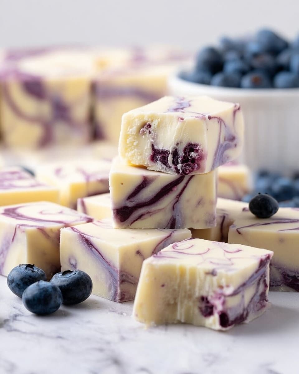 This image shows several small square pieces of creamy white fudge with deep purple swirls spread inside, giving a marbled look. The fudge is stacked in layers, some pieces resting on top of others, with clear smooth edges. The purple swirls twist through each piece in thin veins, adding color contrast. Fresh blueberries are placed near the fudge on a white marbled surface, with a white bowl filled with more food blurred in the background. One piece of fudge has a bite taken out, showing the soft texture inside. The overall look is soft and rich with a mix of creamy white and dark purple shades. photo taken with an iphone --ar 4:5 --v 7