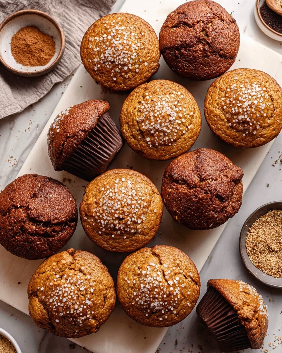 The image shows several round muffins resting in a metallic muffin tin. Each muffin has a rough, cracked surface texture and is topped with large, sparkling sugar crystals that give a crunchy look. The muffins are golden brown with darker brown cracks running across the tops. The muffin tin has parallel ridges running lengthwise, and a few sugar crystals are scattered around the tin. The background features a white marbled texture. photo taken with an iphone --ar 4:5 --v 7