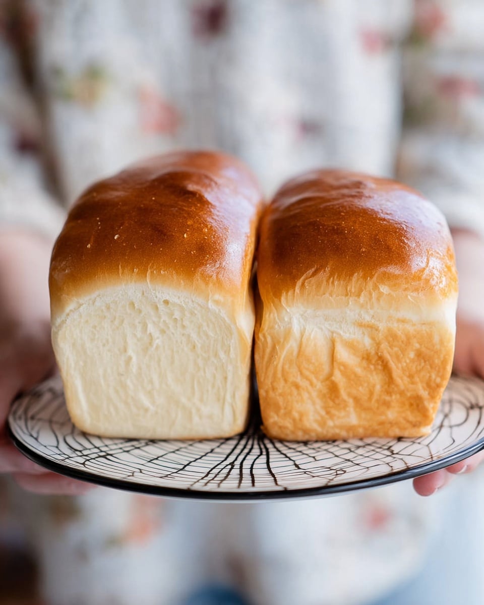 Two soft, fluffy loaves of bread with golden brown shiny tops and light creamy sides sit side by side on a white plate with a black curly wire design. The loaves have smooth, slightly rounded edges and a light, airy texture visible on the sides. A woman's hands hold the plate from both sides. The background is a soft blur with a white marbled surface below. photo taken with an iphone --ar 4:5 --v 7