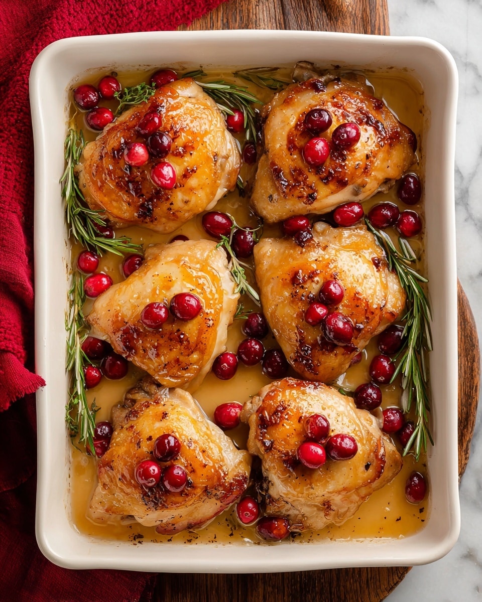 The image shows a white baking dish filled with six golden-brown chicken thighs, each topped with a few bright red cranberries. The chicken skin looks crispy and slightly caramelized, with a shiny glaze covering the surface. Fresh green rosemary sprigs are placed between the chicken pieces, adding contrast and texture. The dish is filled with a light brown sauce that pools around the chicken. The white baking dish sits on a wooden table with a red cloth peeking from the bottom left corner, all set against a white marbled surface. photo taken with an iphone --ar 4:5 --v 7