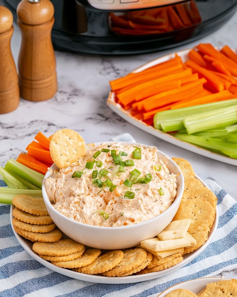 A white bowl filled with a thick, creamy light beige dip, topped with small chopped green onions, with round light tan crackers and golden square crackers standing upright around the dip's edge, along with some carrot and celery sticks resting on the dip’s sides. Behind it, another white plate holds neat rows of orange carrot and green celery sticks. The background includes a black slow cooker with a shiny surface reflecting the vegetable sticks, and two wooden salt and pepper shakers. All is placed on a white marbled surface with a blue and white striped cloth underneath the bowl. Photo taken with an iphone --ar 4:5 --v 7