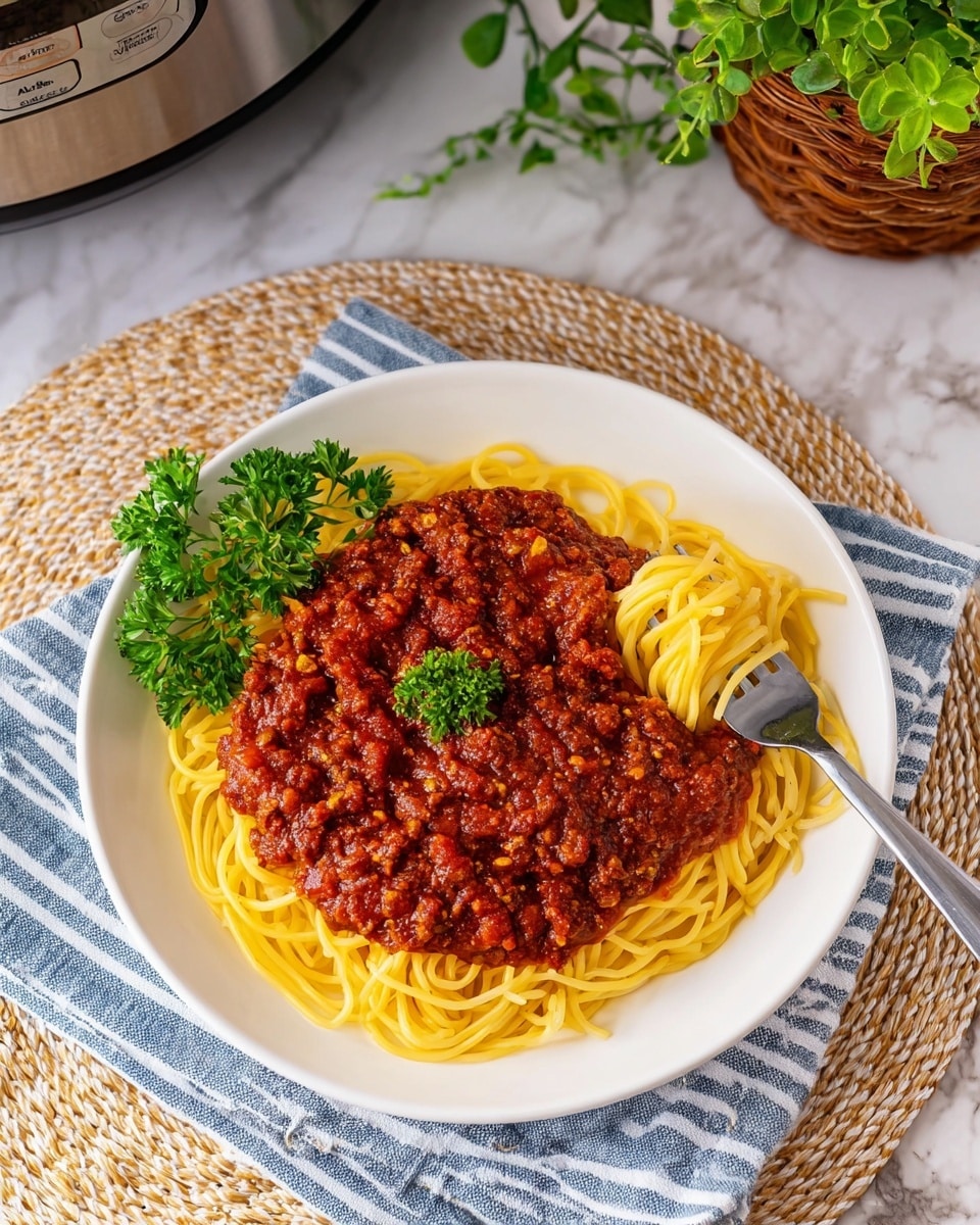 A white round plate holds a neat circle of yellow spaghetti noodles at the bottom layer. The next layer is a thick, rich red meat sauce with a textured, chunky mix of ground meat and tomato, mostly covering the noodles but leaving a small circular gap in the center showing some noodle strands. A silver fork is stuck into the sauce and noodles near the right side, twisting some noodles around its tines. A small bunch of fresh green parsley sits on the left edge for garnish. The plate is placed on a blue and white striped cloth atop a beige woven mat, all set on a white marbled surface. In the background, part of a stainless steel cooker and a brown wicker basket with a green plant are visible. photo taken with an iphone --ar 4:5 --v 7