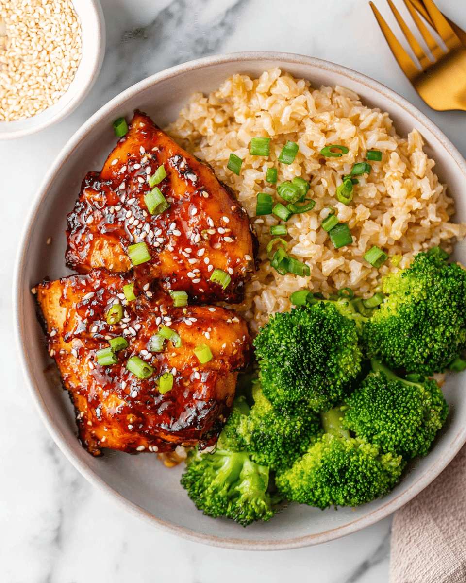 A round white plate holds three main layers arranged side by side: on the left, two pieces of glazed chicken with a shiny, reddish-brown sauce topped with white sesame seeds and small green onion pieces, showing a slightly crispy texture. In the middle to right section, there is a portion of light brown cooked rice with chopped green onions sprinkled on top, giving a soft, fluffy look. On the far right, bright green steamed broccoli florets add a fresh and textured contrast. The background features a white marbled surface with a small white dish of sesame seeds and a golden fork partially visible at the top left. Photo taken with an iphone --ar 4:5 --v 7
