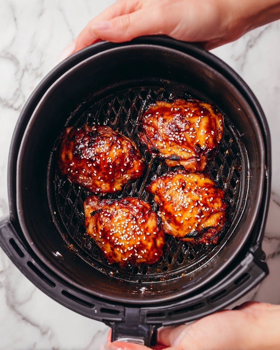 Three pieces of grilled chicken with a shiny, dark reddish-brown glaze and sprinkled with white sesame seeds sit inside a black air fryer basket with a grid pattern. The chicken pieces have a slightly charred texture on the edges, showing a cooked, crispy skin. The basket is black with a round shape and vent holes, held by two woman's hands gripping the handles. The background is a white marbled texture. Photo taken with an iphone --ar 4:5 --v 7