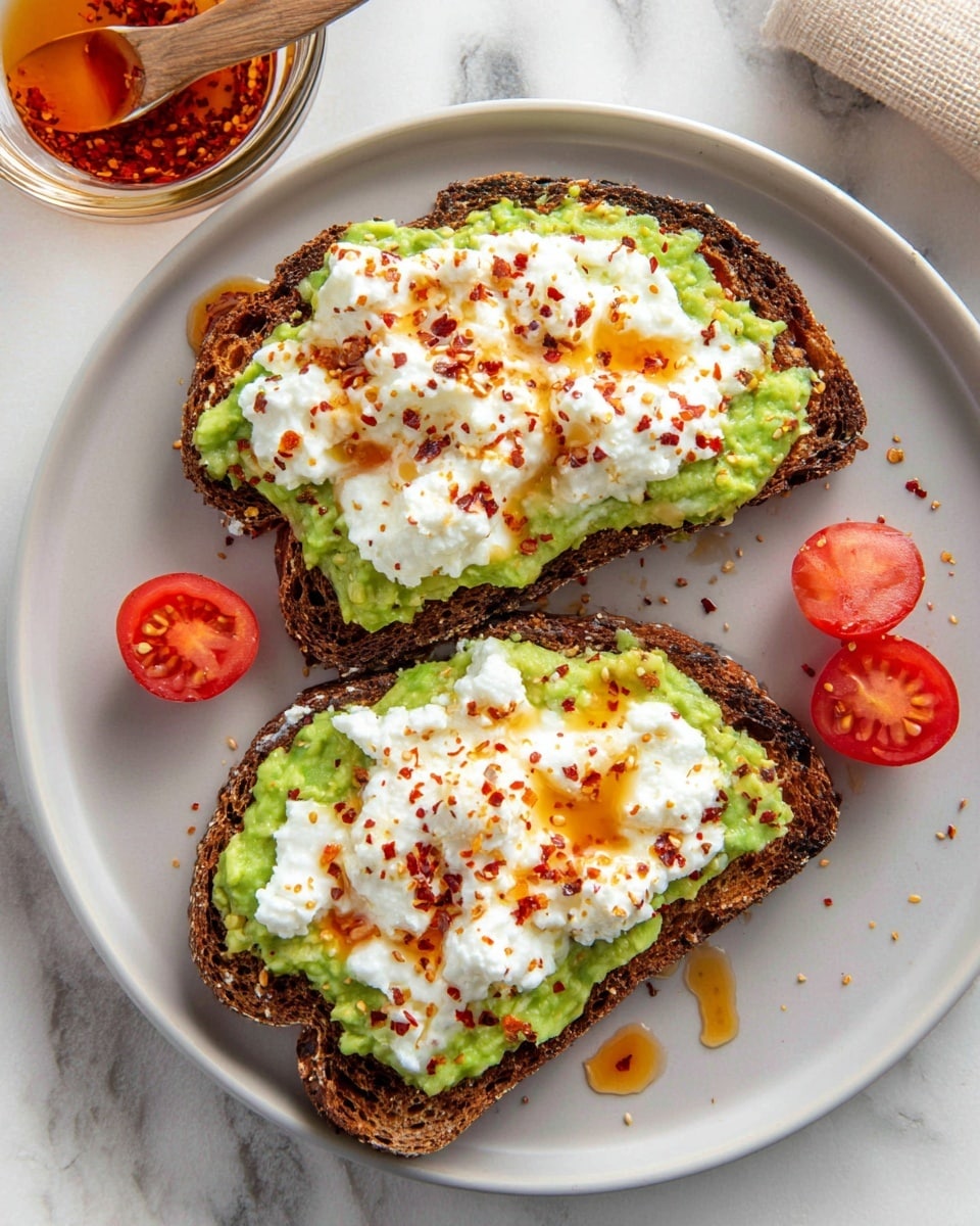 Two slices of dark whole grain toast are on a white plate with a white marbled texture background. Each toast has three layers: the bottom layer is the dark, grainy toast, the middle layer is bright green mashed avocado spread thickly, and the top layer is a white, creamy cottage cheese generously spread. The cottage cheese is sprinkled with red chili flakes and drizzled with reddish-orange chili oil. Around the toast on the plate are three small red cherry tomatoes, one sliced in half showing the juicy inside. At the top of the image, there is a small clear glass bowl containing chili oil with chili flakes and a wooden spoon resting on it. Photo taken with an iphone --ar 4:5 --v 7