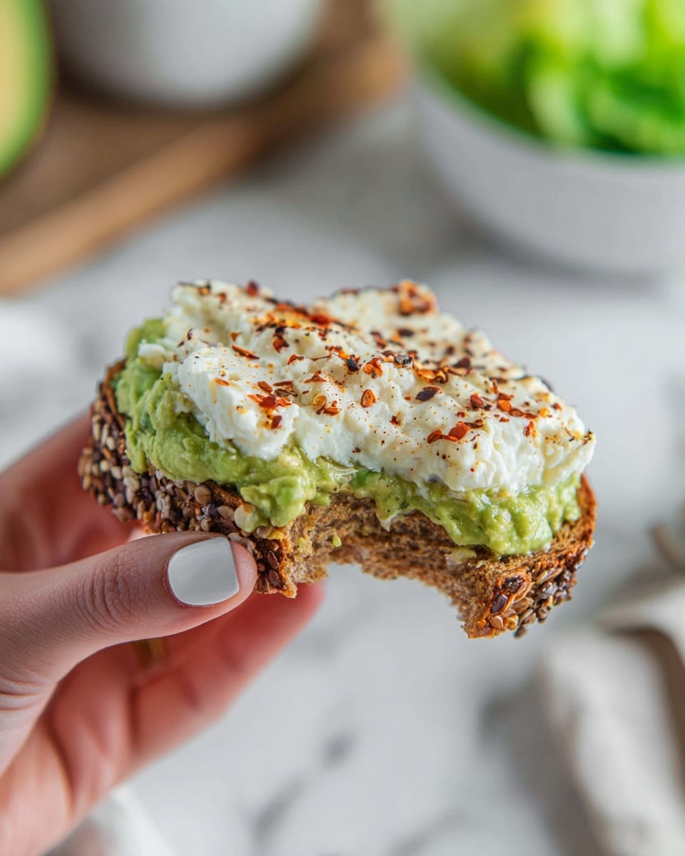 A close-up of a woman's hand holding a small piece of seeded brown toast with three visible layers: the bottom layer is toast with a crunchy texture and dark seeds, the middle layer is a bright green creamy avocado spread, and the top layer is white cottage cheese sprinkled with red chili flakes, adding a speckled red and orange color contrast. The toast has a bite taken out of the lower left corner, showing the soft bread inside. The background is softly blurred with a white marbled texture and hints of a white bowl and some green lettuce. Photo taken with an iphone --ar 4:5 --v 7