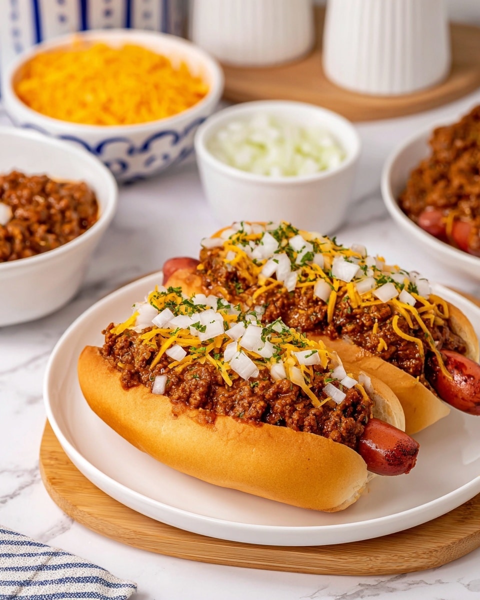 Two chili dogs are served on a white plate, each with a light golden bun holding a browned hot dog at both ends. The hot dogs are topped with a thick, rich layer of dark brown chili meat mixed with visible red specks of seasoning. On top of the chili is a layer of melted shredded orange cheddar cheese that blends softly with the chili. The final layer is a generous amount of small white onion pieces and chopped green herbs sprinkled evenly across the top. In the background, there are bowls containing more chili, shredded cheddar, and diced onions, all placed on a white marbled surface. photo taken with an iphone --ar 4:5 --v 7