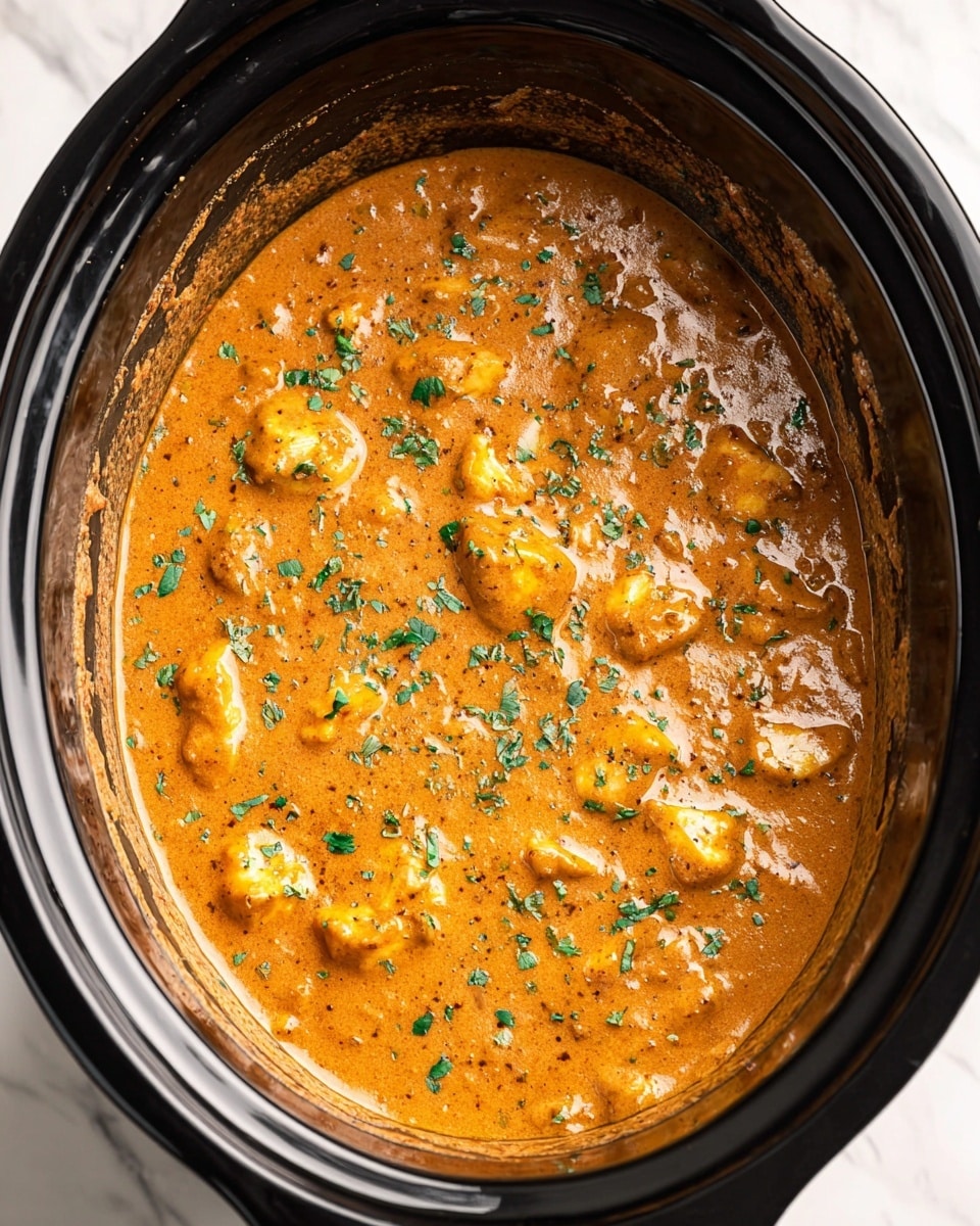 This is a close-up view of a single-layer dish inside a black slow cooker. The dish has a thick, creamy sauce with an orange color, mixed with chunks of cooked ingredients that are slightly lighter in color than the sauce. The surface is smooth but has some texture from the chunks and a few small bubbles. The dish is sprinkled with small, finely chopped green herbs scattered evenly over the top. The edges of the slow cooker show some sauce splatter. The entire image sits on a white marbled texture. Photo taken with an iphone --ar 4:5 --v 7