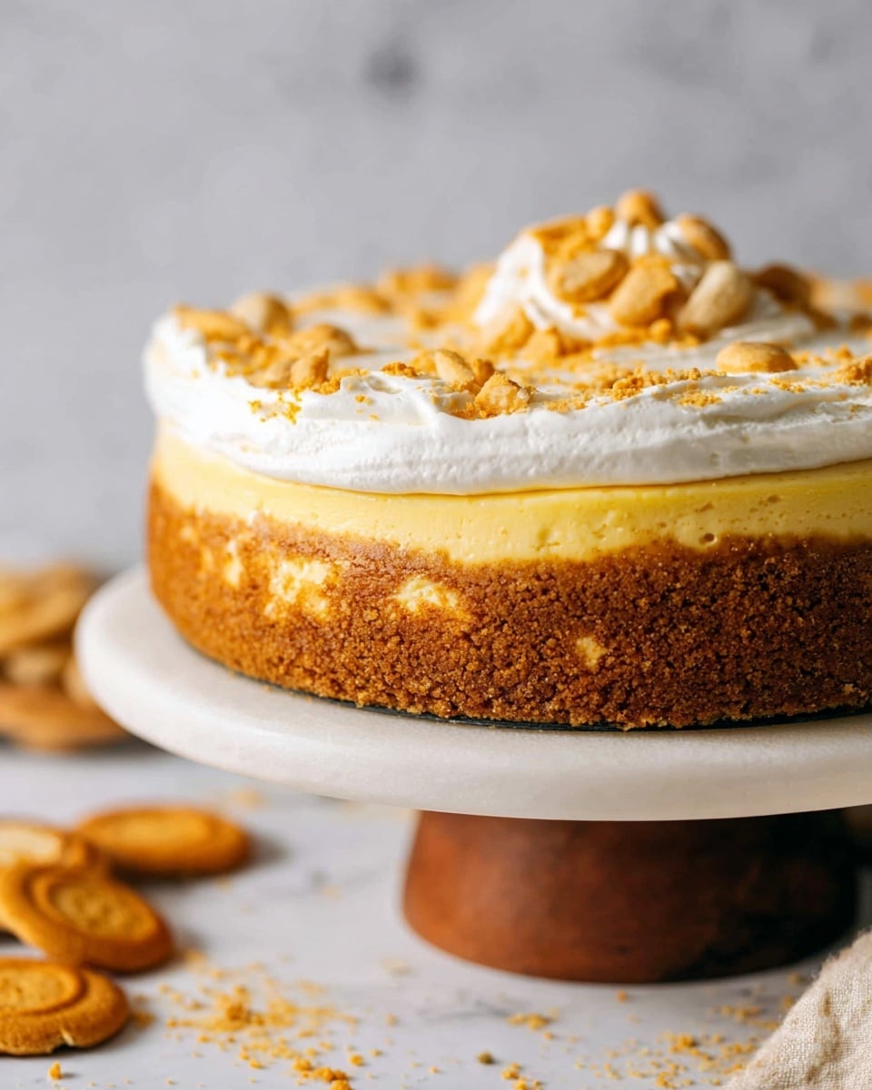 A close-up view of a round, three-layer cheesecake placed on a white cake stand with a wooden base, all set on a white marbled surface. The bottom layer is a thick, golden-brown crumb crust with a rough texture. The middle layer is smooth and yellow, representing the creamy cheesecake filling. The top layer is a thick, spread of white whipped cream, sprinkled with crushed golden cookie pieces. Around the stand on the white marbled surface, there are scattered whole and broken golden cookies. photo taken with an iphone --ar 4:5 --v 7