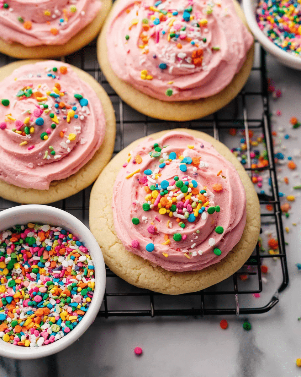 Four round sugar cookies with a soft yellow base are topped with a layer of smooth, swirled pink frosting that covers the entire top surface of each cookie. On top of the frosting, there are small, colorful round and stick sprinkles scattered unevenly, adding splashes of green, yellow, pink, orange, blue, and white. The cookies are placed close together on a black wire cooling rack sitting on a white marbled surface. Near the cookies, two white bowls filled with similar multi-colored round and stick sprinkles add extra color and texture to the scene. Photo taken with an iphone --ar 4:5 --v 7