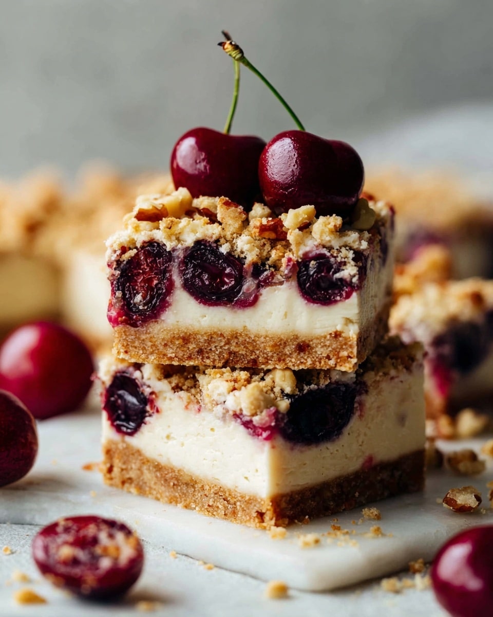 A close-up view of two stacked square pieces of cherry cheesecake bars on a white marbled surface, showing three clear layers: a bottom light brown crumbly crust, a thick creamy off-white cheesecake filling embedded with halved dark red cherries, and a golden crumbly topping mixed with walnut pieces. The top piece is decorated with two whole cherries with green stems. Around the bars, there are a few whole cherries and scattered crumbs on the white marbled texture. photo taken with an iphone --ar 4:5 --v 7