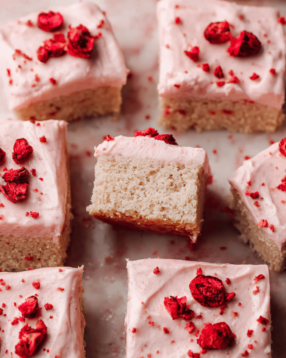A close-up view of several square cake pieces arranged on a white marbled textured surface, each piece having two layers: a light beige, soft-looking cake base topped with a thick layer of smooth light pink frosting. The frosting is decorated with small bits of bright red, crushed dried strawberries scattered unevenly across the top, adding texture and color contrast. One piece is slightly lifted, showing the dense, crumbly cake texture inside. photo taken with an iphone --ar 4:5 --v 7