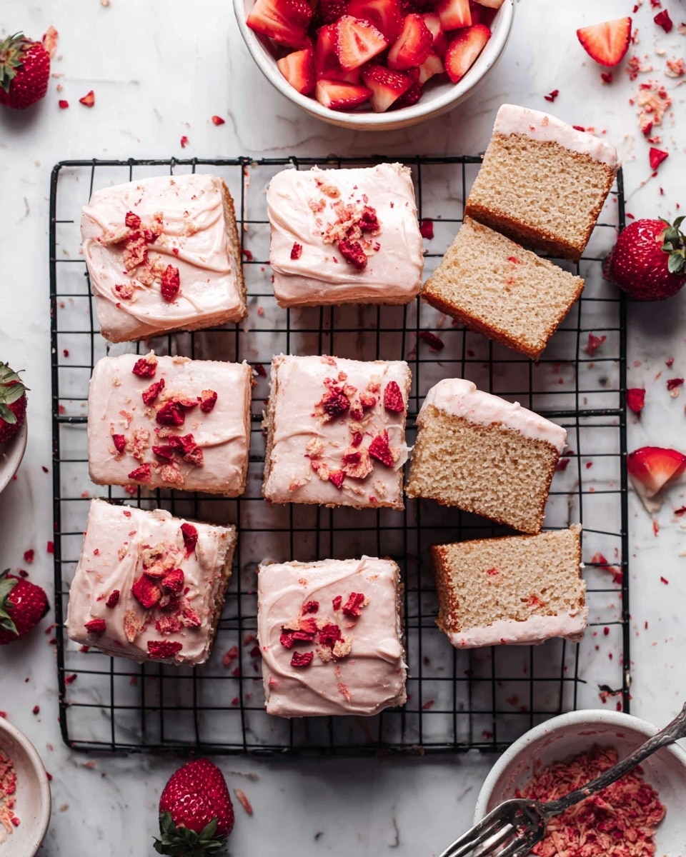 A rectangular cake cut into ten square pieces sits on a black wire cooling rack atop a white marbled surface. Each piece has two layers: a light brown base layer with a soft, spongy texture and a thick top layer of pale pink frosting with a creamy, slightly swirled texture. The frosting is sprinkled with small pieces of dried red strawberries, some larger and some crumbled. One piece is turned on its side to show the thickness of the layers. Around the cooling rack, there are scattered fresh strawberry halves, whole strawberries, and crushed dried strawberries on the white marbled surface. A white bowl filled with fresh strawberry halves is placed on the upper left, and another white bowl with crushed dried strawberries is positioned on the lower right. A fork holding a piece of cake rests on a white plate in the top right. Photo taken with an iphone --ar 4:5 --v 7