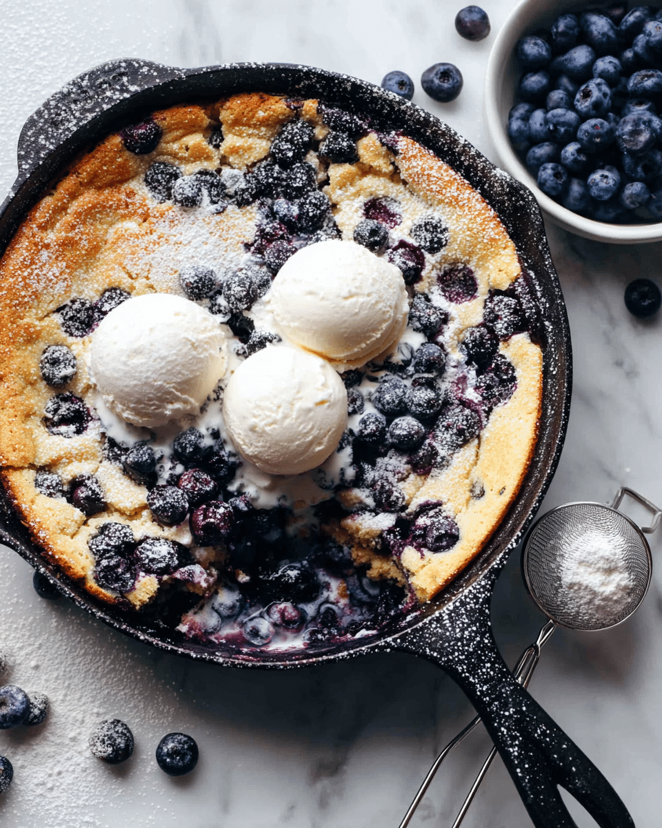 A black cast iron skillet holds a golden-brown baked dessert thickly layered with a creamy batter base and a generous topping of scattered dark blue blueberries. On top, there are three smooth scoops of white vanilla ice cream melting slightly, blending with the warm dessert. The surface is lightly dusted with fine white powdered sugar, adding a soft, snowy touch. Surrounding the skillet are loose blueberries and a white bowl filled with more blueberries, all set on a white marbled texture. A small metal sifter with some powdering remains nearby, completing the rustic scene. Photo taken with an iphone --ar 4:5 --v 7