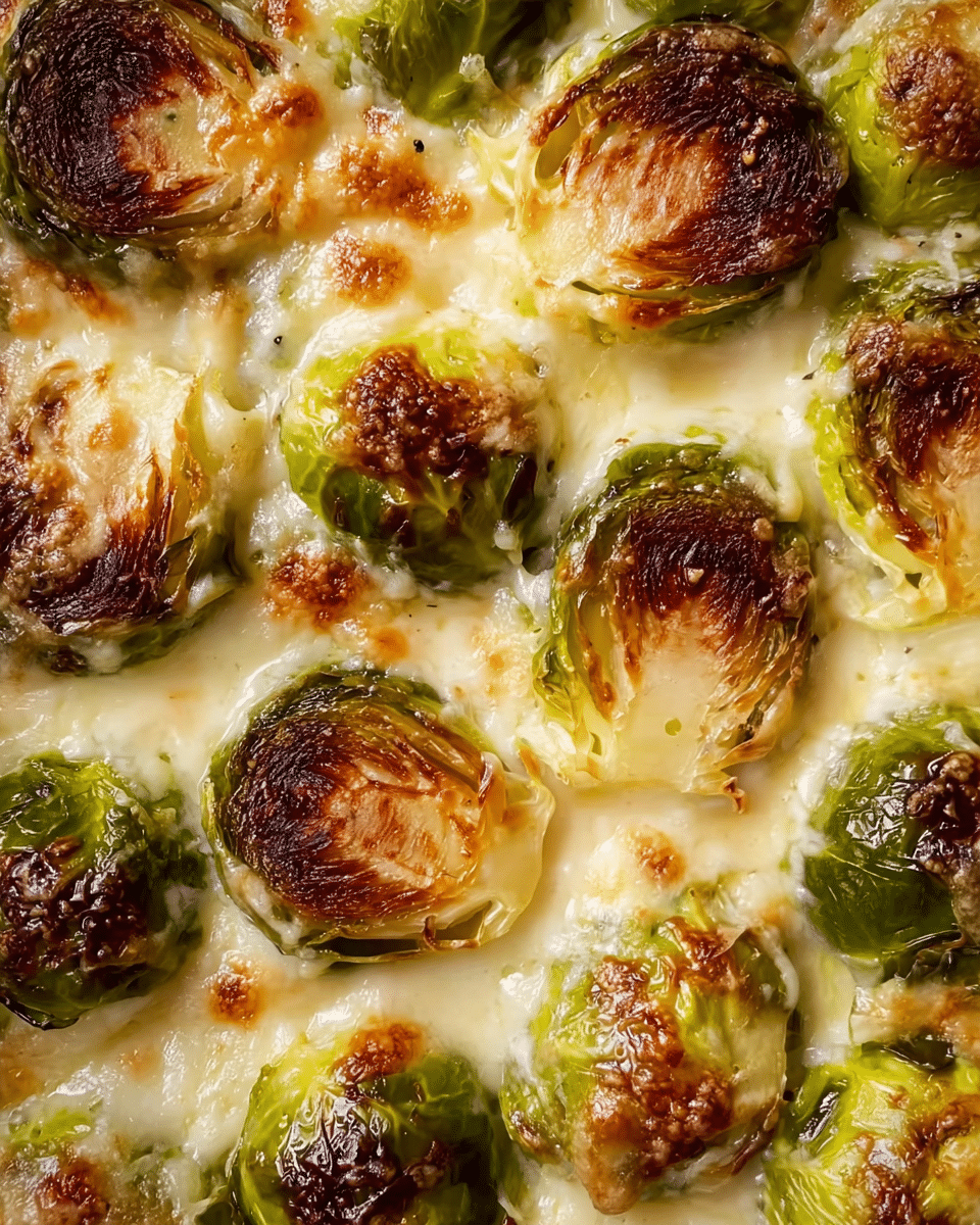 This close-up image shows many Brussels sprouts that are roasted and placed tightly together in a white marbled surface, covered in melted cheese. Each Brussels sprout is cut in half, with the top layer dark brown and crispy, showing layers of green and pale yellow leaves underneath. The melted cheese is creamy white and bubbly, spreading around the sprouts and filling the gaps between them, giving a rich and soft texture around the crispy tops. The lighting highlights the glossy brown edges and creamy cheese, making the dish look warm and delicious. photo taken with an iphone --ar 4:5 --v 7
