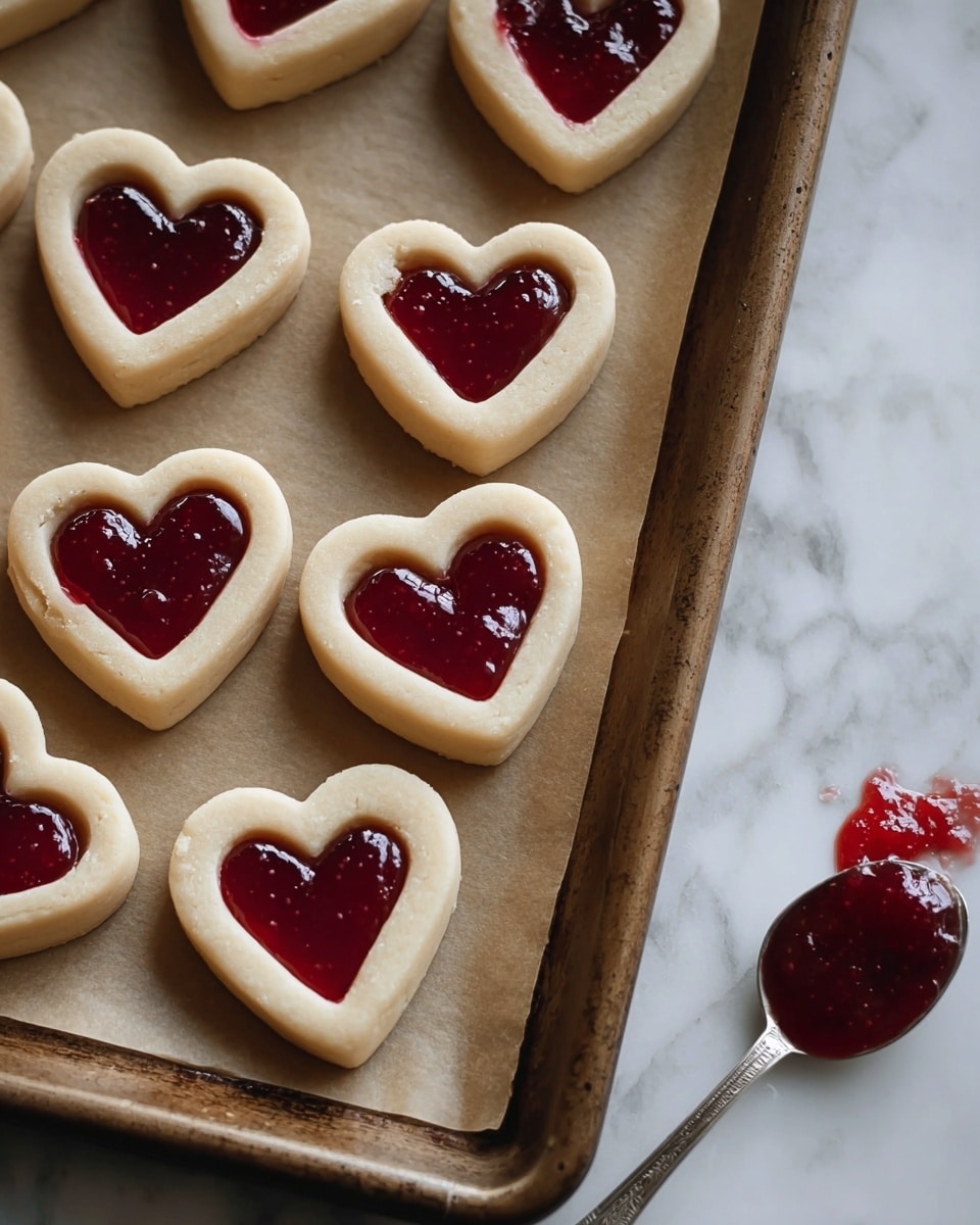 A tray of heart-shaped cookies with two layers is shown; the base layer is a pale, smooth dough, and the top layer forms a heart-shaped cutout filled with glossy red jam, creating a bright contrast. The cookies are evenly spaced on brown parchment paper on a baking tray, set on a white marbled surface. At the bottom right corner, a small spoon with red jam rests beside a small smear of the jam on the surface. photo taken with an iphone --ar 4:5 --v 7