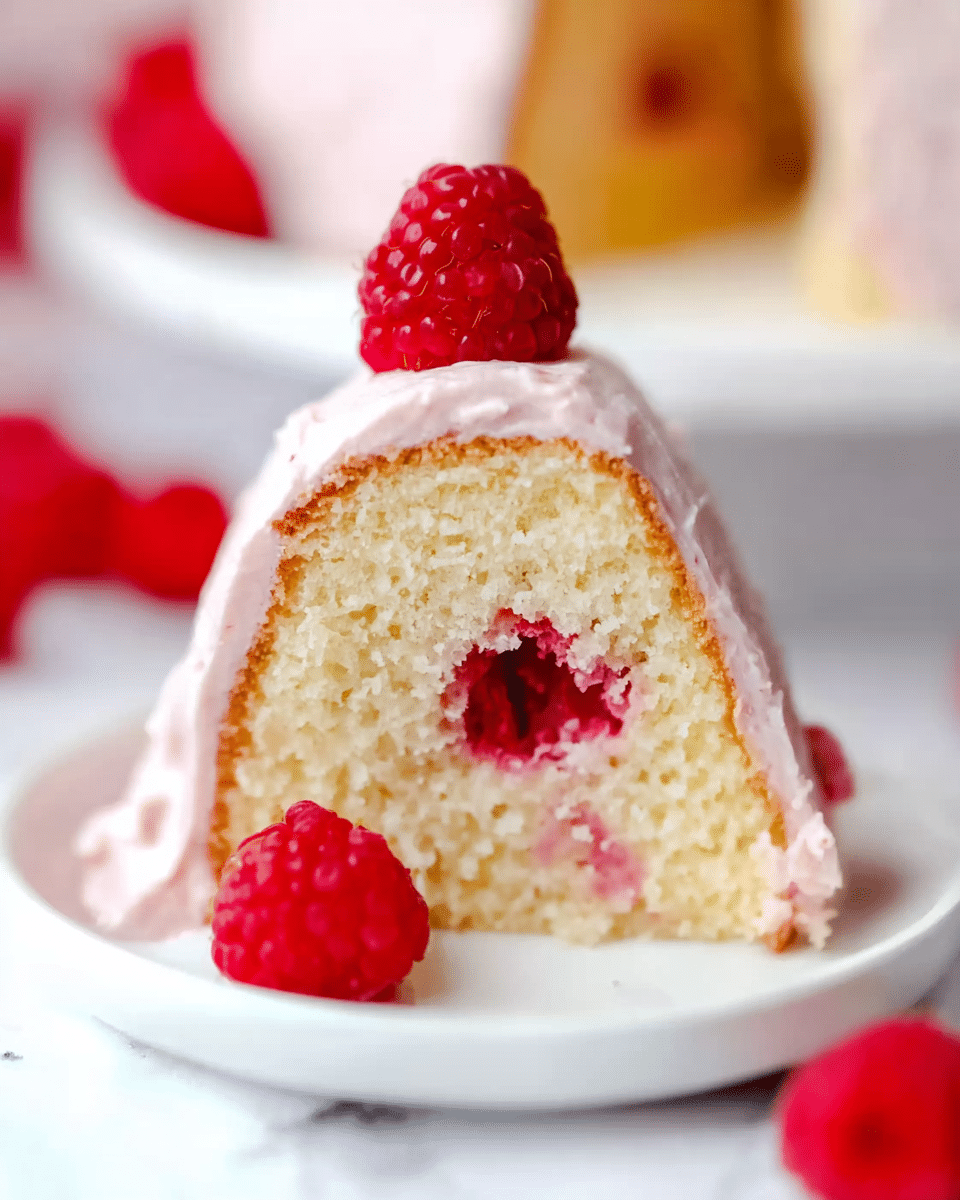 A close-up of a single slice of light yellow cake with a soft texture, showing two whole red raspberries embedded inside near the base. The slice is topped with a smooth light pink frosting, with one whole raspberry placed neatly on top. Another raspberry rests in front of the slice on a white plate with a glossy finish. The background is a white marbled texture, slightly blurred, with hints of red raspberries. Photo taken with an iphone --ar 4:5 --v 7