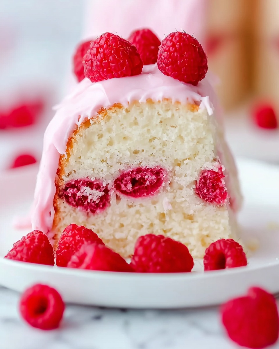 A close up view of a single slice of white cake with a smooth pink icing layer draped over the top and sides, decorated with fresh bright red raspberries on top and scattered around the base on a white plate. Inside the slice, there is a horizontal layer of whole raspberries embedded in white cake, creating a vibrant red stripe in the middle. The cake texture looks soft and fluffy. The image background is a soft blurred white marbled texture, making the colors of the cake and raspberries stand out clearly. photo taken with an iphone --ar 4:5 --v 7