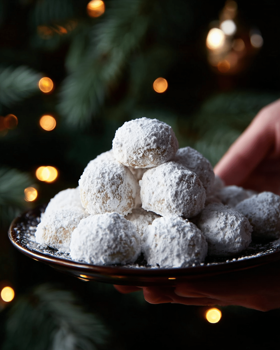 A dark brown plate holds a pile of white snowball cookies covered in powdered sugar, each cookie round and textured with a soft, powdery surface. The plate is held slightly above a background of dark green pine branches with blurred warm lights, suggesting a festive setting. A woman's hand is visible on the right edge, gently supporting the plate. The overall scene combines the bright white cookies contrasting with the deep green background and the dark plate, all set on a white marbled texture. photo taken with an iphone --ar 4:5 --v 7