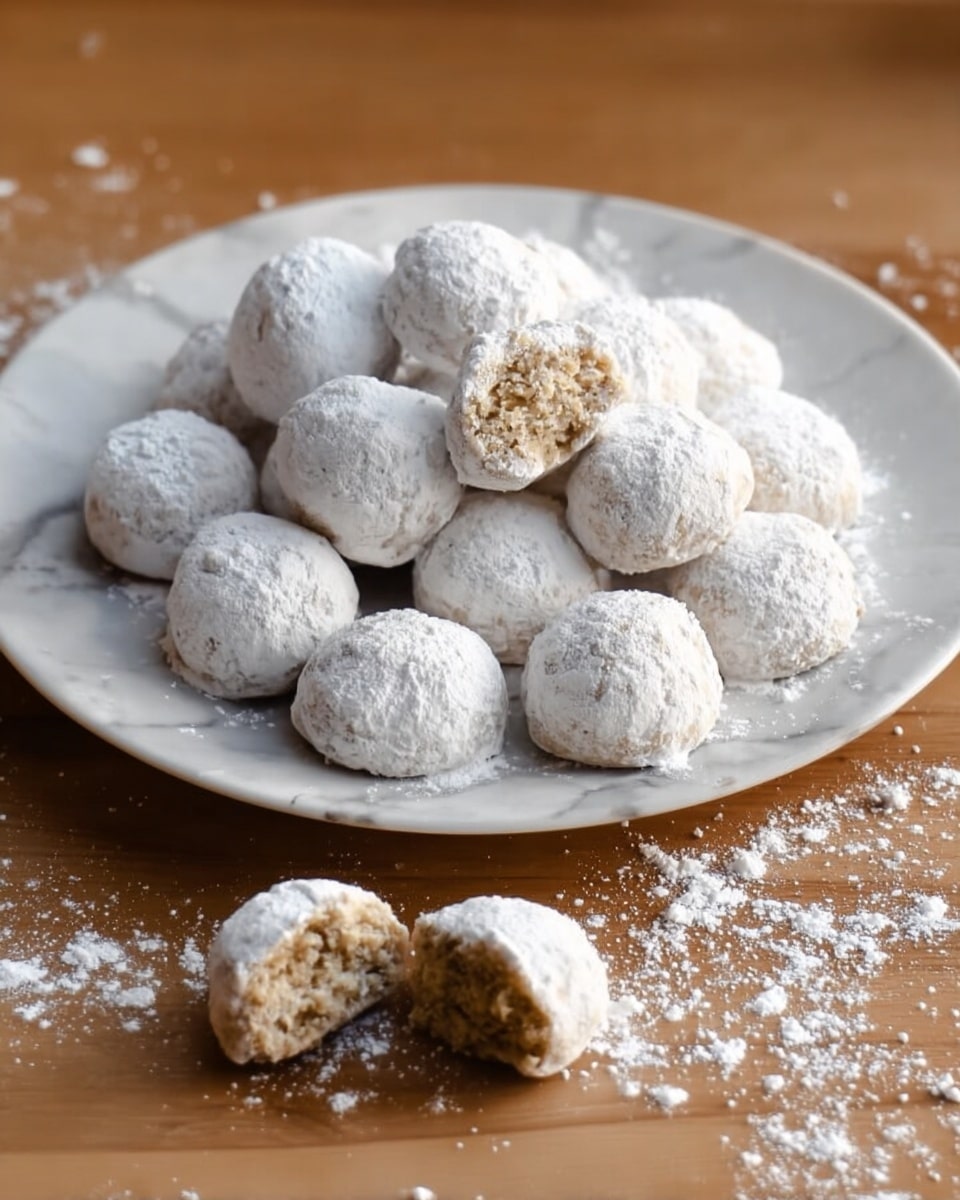 A white plate filled with small round cookies covered in white powdered sugar, making the surface look soft and dusty. Two cookies are placed on the white marbled surface next to the plate, with one of them bitten, showing a light brown inside with a crumbly texture. Some powdered sugar is scattered around the plate and cookies. The background is a simple wooden surface. photo taken with an iphone --ar 4:5 --v 7