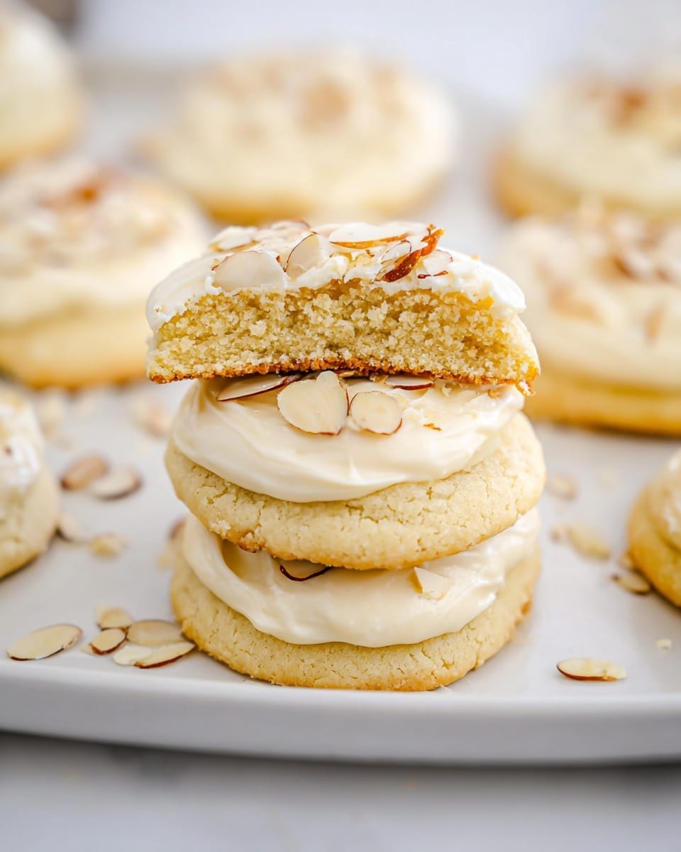 The image shows a stack of three soft, light beige cookies on a white plate, each cookie topped with a creamy white frosting layer adorned with thin, sliced almonds. The cookie on top of the stack is broken in half, revealing a thick, crumbly, golden interior and a smooth frosting layer sandwiched in the middle with almond slices on top. Surrounding this stack, several whole cookies with similar frosting and almond toppings are scattered on the white marbled surface. The scene is softly lit, focusing on the texture and slice of the central cookie stack. photo taken with an iphone --ar 4:5 --v 7