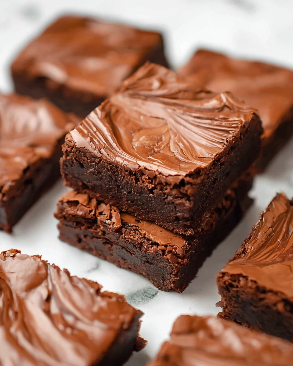 The image shows several square brownies arranged on a white surface with a white marbled texture. The brownies have a rich, dark brown color with a shiny, slightly cracked top layer that has light brown wavy lines running across it. One brownie stack is placed in the center, showing two thick layers of dense, fudgy brownie with a moist texture. The surrounding brownies lie flat around the central stack, displaying the same glossy, smooth top with a few cracks, and the dense, rich interior is visible at the edges. photo taken with an iphone --ar 4:5 --v 7