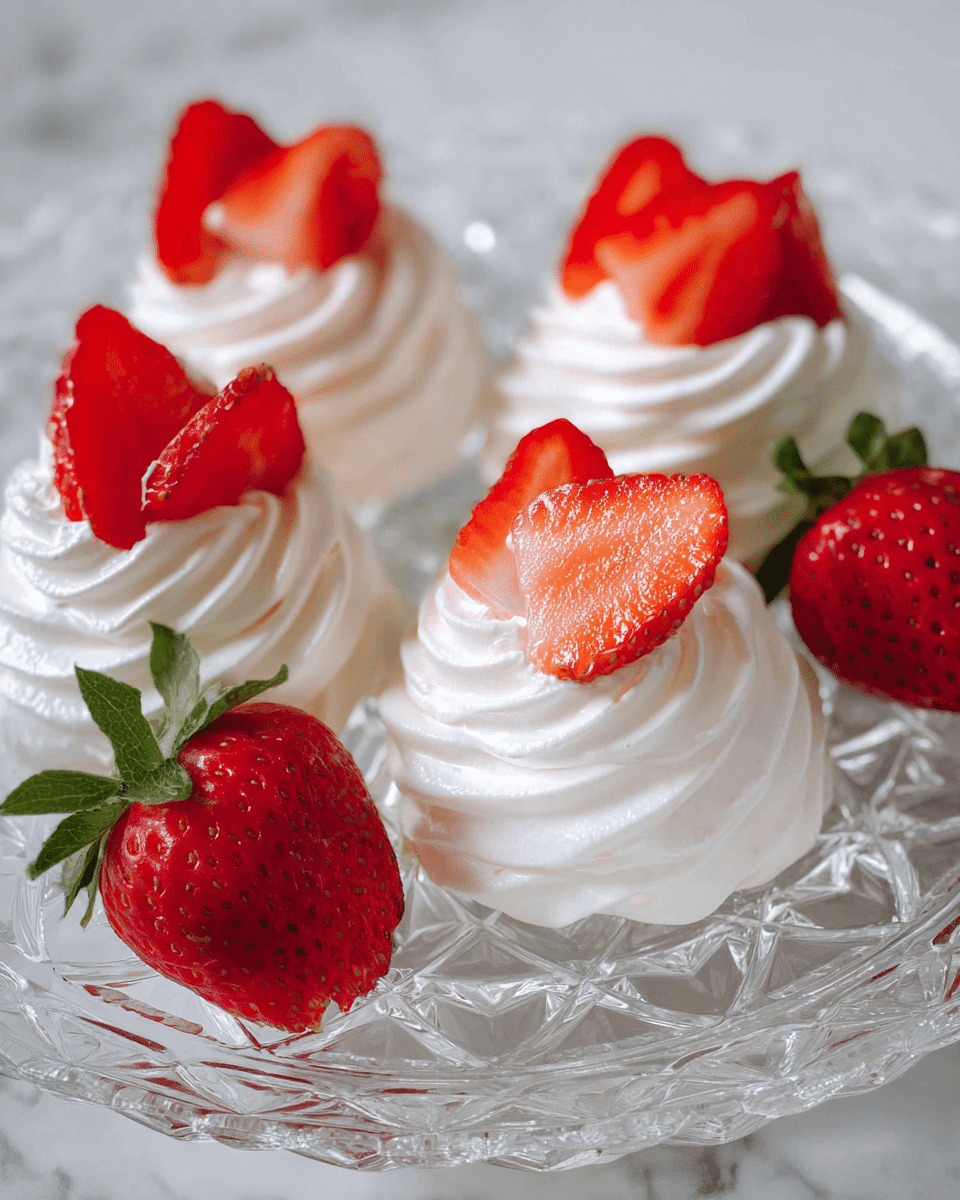 The image shows four small white swirls of whipped cream, each topped with two bright red strawberry slices arranged in a fan shape. The whipped cream has a smooth, soft texture with clear ridges, and the strawberries are freshly cut with glossy, juicy surfaces. Around the swirls, there are three whole strawberries with green leaves still attached, resting on a clear glass plate with a cut crystal pattern. The entire setting sits on a white marbled textured surface. photo taken with an iphone --ar 4:5 --v 7