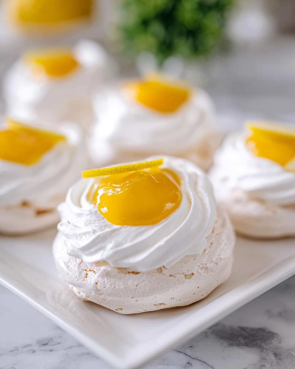 This image shows several small pavlova nests arranged on a white rectangular plate, sitting on a white marbled surface. Each pavlova has two main layers: the base is a light beige, crisp meringue that is swirled and slightly cracked, and the top is a thick, fluffy, bright white whipped cream shaped into a circular nest. In the center of each nest, there is a glossy, vibrant yellow lemon curd dollop with a small slice of lemon on top. The background is blurry with hints of green, creating a fresh and light atmosphere. Photo taken with an iphone --ar 4:5 --v 7
