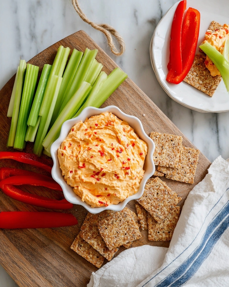 A wooden board on a white marbled surface holds a white scalloped bowl full of light orange creamy dip with red specks. Surrounding the bowl are bright green celery sticks on the top left, striking red bell pepper strips on the right, and rectangular multigrain crackers with a rough texture placed at the bottom of the board. To the top right, a white scalloped plate contains a cracker topped with the same dip, along with a piece of celery and a red bell pepper strip. A white cloth with a blue stripe is on the right side of the image. photo taken with an iphone --ar 4:5 --v 7