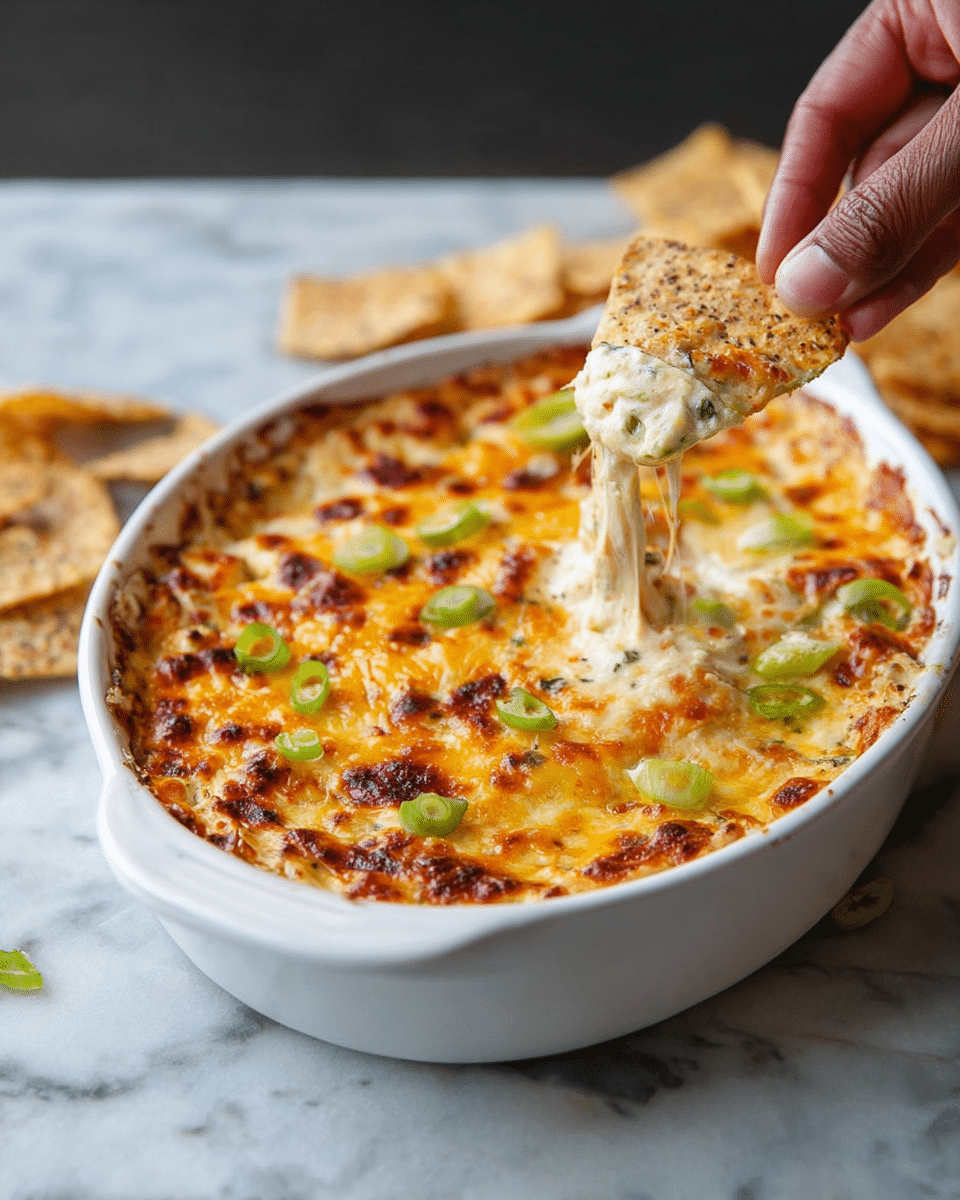 A white oval dish filled with a creamy baked dip that has a golden-brown melted cheese top with small browned spots, scattered with green onion slices for color contrast. The dip looks rich and smooth, with some visible chunks beneath the melted cheese, and a woman's hand is lifting a multigrain chip from the dish, stretching gooey melted cheese. The dish sits on a white marbled surface with a few more chips blurred in the background. photo taken with an iphone --ar 4:5 --v 7