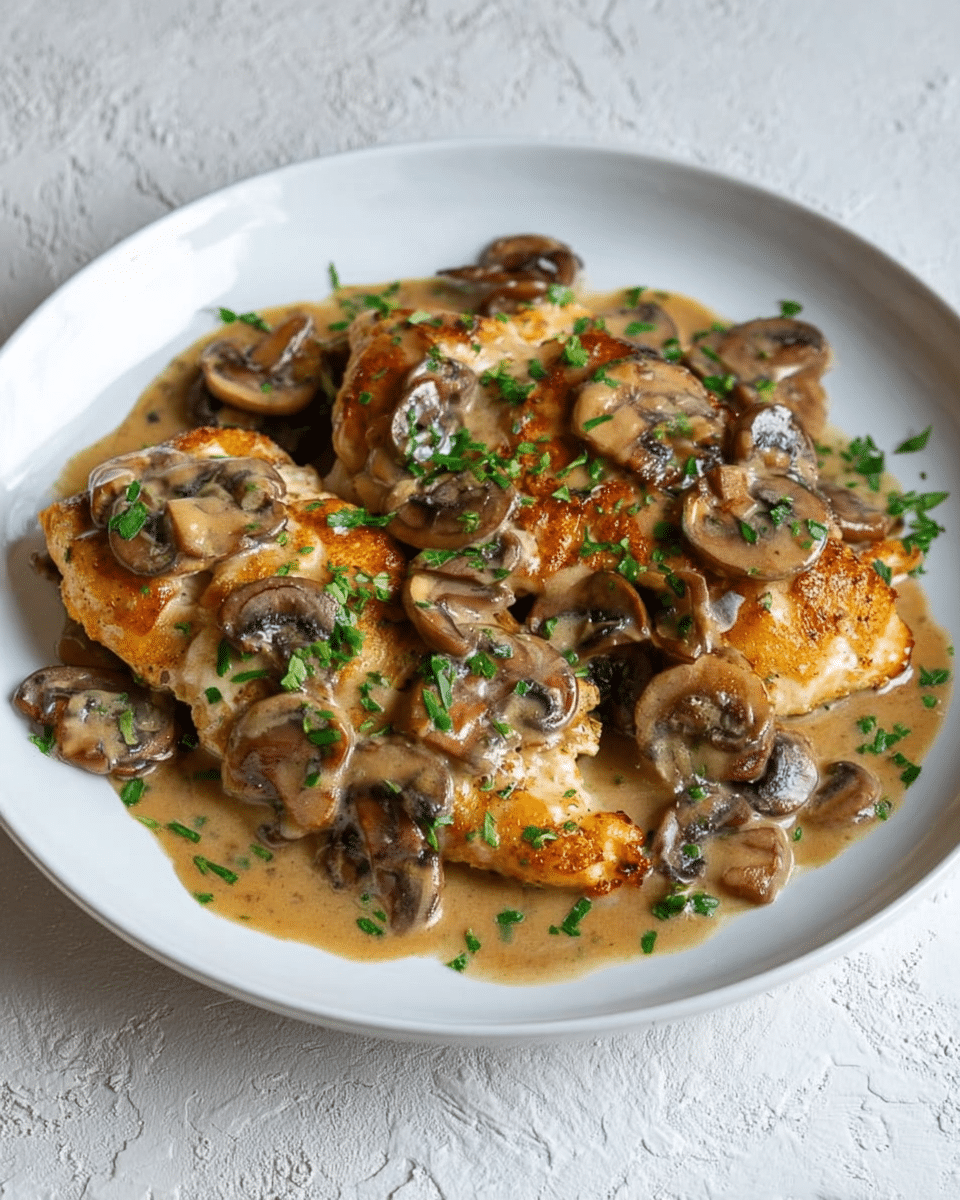 The dish shows several pieces of golden-brown cooked chicken placed on a white round plate, covered with a thick light brown mushroom sauce. The sauce contains sliced, cooked mushrooms that lie spread over the chicken pieces and around them on the plate. Small bits of fresh green herbs are sprinkled on top, adding a touch of color. The white round plate sits on a textured white marbled surface. Photo taken with an iphone --ar 4:5 --v 7