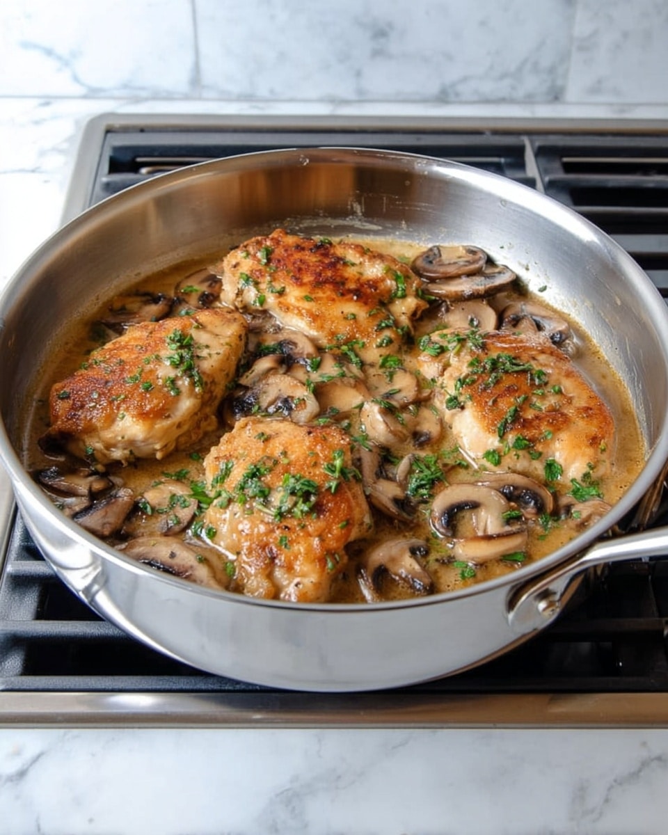 A silver pan sits on a stove with four pieces of golden-brown chicken cooked in a light brown sauce. Sliced mushrooms are spread around the chicken and some chopped green herbs are sprinkled on top. The inside of the pan shows a shiny metal surface. The background is a white marbled texture. photo taken with an iphone --ar 4:5 --v 7