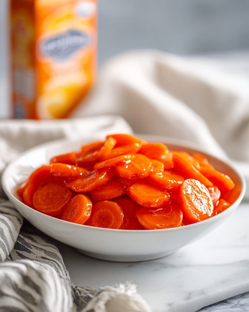 A white bowl filled with round carrot slices coated in a shiny, thick orange glaze, piled high in the center with a glossy texture that catches the light, placed on a white marbled surface. In the background, a blurred orange juice carton and a soft, white and gray striped cloth add a cozy atmosphere with soft, warm lighting. photo taken with an iphone --ar 4:5 --v 7